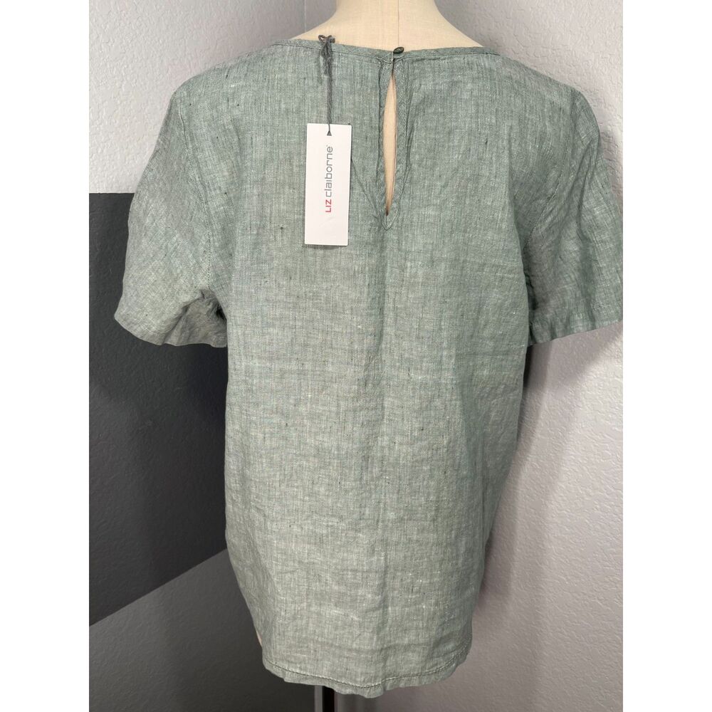 NWT Liz Claiborne Linen Cotton Pintuck Short Sleeve Blouse L Forest Green - Picture 4 of 11
